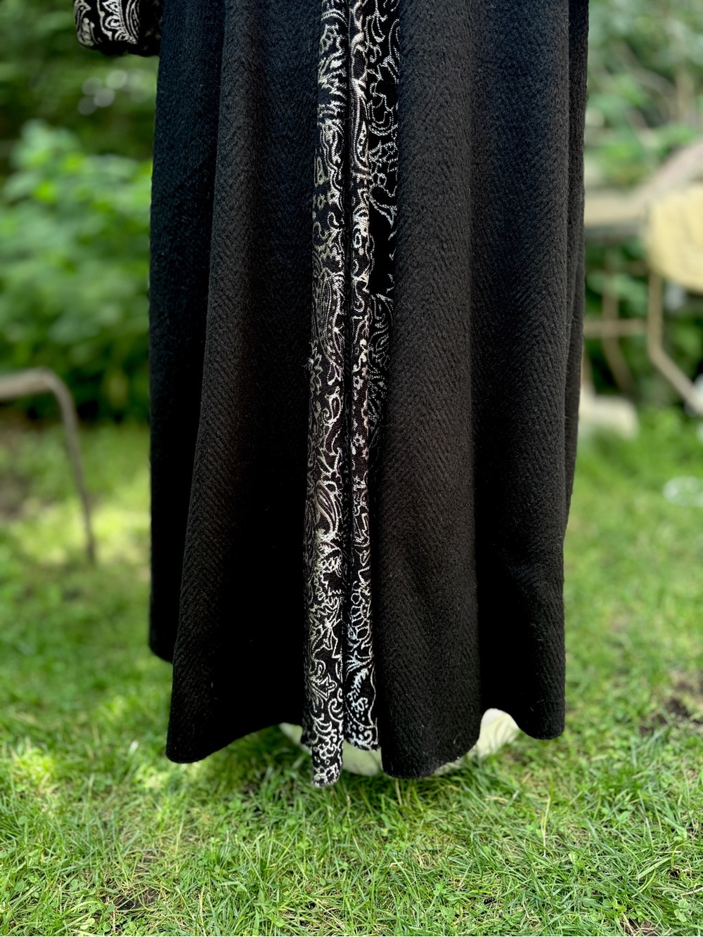 One of a kind Gothic Black wool Hooded Zip-Front Coat with Printed Trim - Picture 5 of 9